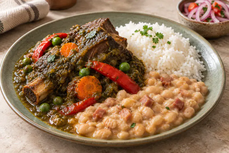 Seco de carne de res con alverjas, zanahoria y pimiento, junto a frejoles cremosos, arroz blanco y sarsa criolla en vajilla de cerámica verde