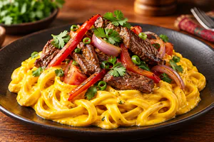 Tallarines a la huancaína con lomo saltado