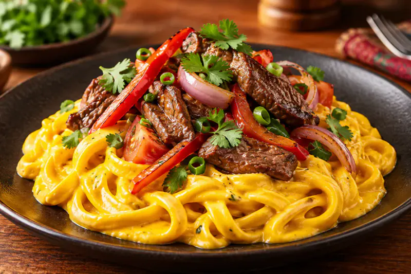 Tallarines a la huancaína con lomo saltado